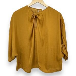 Calligraphy Satin Dolman 3/4 Sleeve Blouse Mustard Yellow Women’s L Careerwear